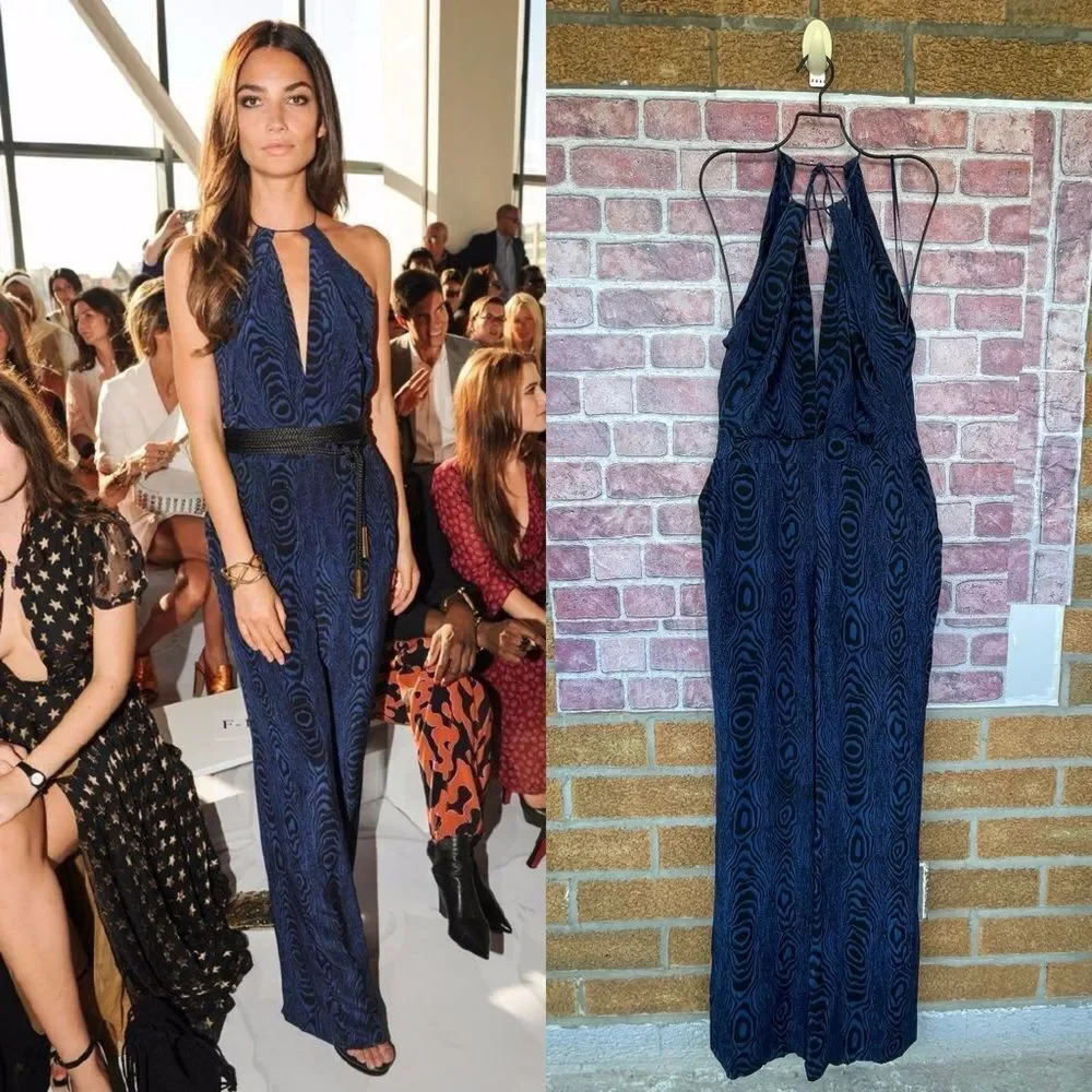 Diane von Furstenberg Blue Black Wood Grain Print Silk Jumpsuit Sz 4